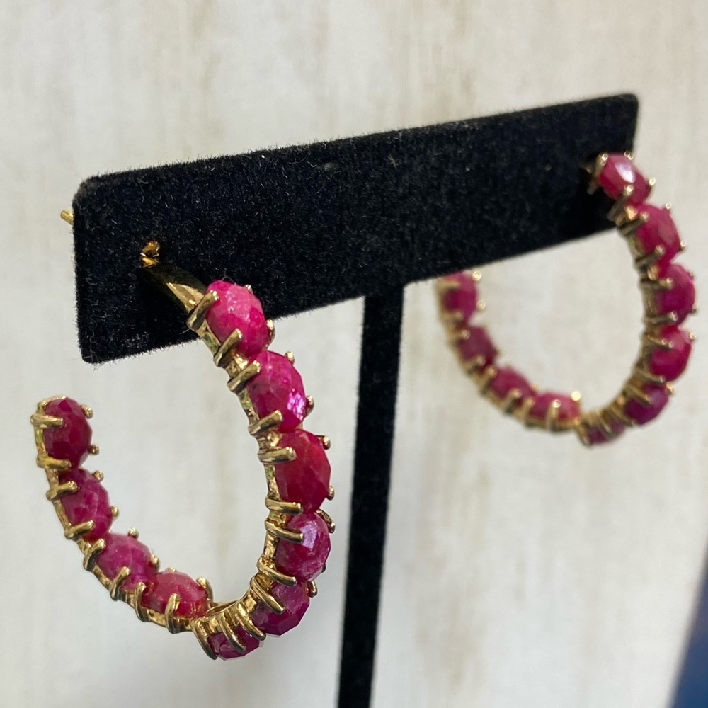 Sterling Silver Gold Vermeil Ruby Gem Inside 1” Hoop Earrings NIP